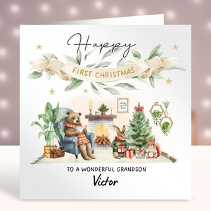 Biglietto di Natale personalizzato, primo biglietto di Natale del bambino, biglietto per ragazzo, ragazza, nipote, nipote, nipote, animali del bosco