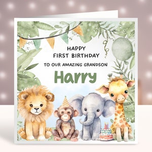 Recuerdo personalizado de la tarjeta de cumpleaños, hijo, nieto, hermano, tarjeta de cumpleaños de cualquier edad, 1a tarjeta para sobrino, tarjeta de felicitación, animales safari, león