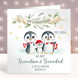 Première carte de Noël personnalisée des grands-parents, joyeux 1er Noël en tant que grand-mère et grand-père, carte de Noël pops, papa, pingouins mignons