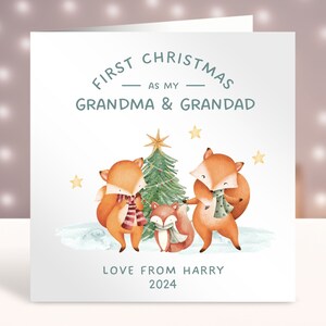Première carte de Noël personnalisée des grands-parents, joyeux 1er Noël en tant que grand-mère et grand-père, carte de Noël pops, papa, renard mignon
