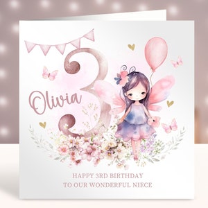 Cartão de aniversário de fada personalizado, qualquer idade, 3º aniversário para meninas, princesinha, cartão para menina, 1º 2º 3º 4º 5º 6º 7º 8º
