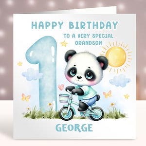 Recuerdo personalizado de la tarjeta de cumpleaños, hijo, nieto, hermano, tarjeta de cumpleaños de cualquier edad, 1a tarjeta para sobrino, tarjeta de felicitación, pequeño panda lindo