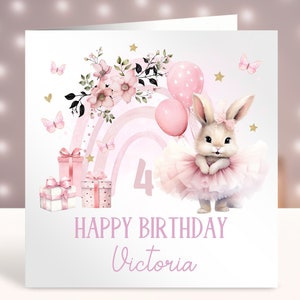 Personalisierte kleine Hase Geburtstagskarte, jedes Alter, 4.Geburtstag Ballerina Karte, Regenbogen Ballerina, Karte für kleine Mädchen 1.2.3.4.5