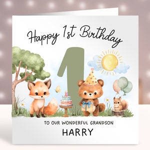 Carte d'anniversaire personnalisée, tout âge, carte de bébé animaux de la forêt, carte personnalisée pour enfant d'un an, carte pour bébé garçon 1er 2e 3e 4e 5e