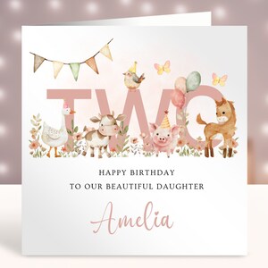 Carte d'anniversaire personnalisée pour fille, thème mignons animaux de la ferme, carte d'anniversaire personnalisable pour fille, thème d'anniversaire des animaux de la ferme