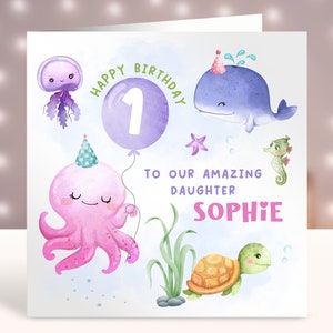 Recuerdo personalizado de la tarjeta de cumpleaños, cualquier edad, tarjeta para niña, tarjeta bajo el mar, nieta, sobrina, hija, 1º 2º 3º 4º 5º