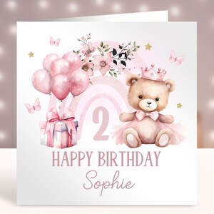 Carte d'anniversaire personnalisée petit ours, tout âge, 2e anniversaire carte d'ours en peluche, ours mignon arc-en-ciel, carte pour petite fille 1er 2e 3e 4e 5e