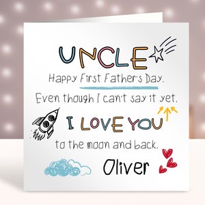Biglietto personalizzato per la prima festa del papà, regalo per la prima festa del papà, primo giorno del papà come mio zio, primo giorno del papà per bambini, Sulla luna e ritorno