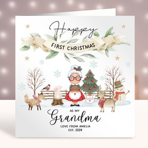 Primeiro cartão de Natal da vovó, primeiro cartão de Natal personalizado para a vovó, cartão do novo neto, primeiro Natal do bebê, animais da floresta