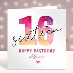 Tarjeta personalizada de cumpleaños número 16 para ella, cualquier edad, tarjeta personalizada, tarjeta de feliz cumpleaños número 16, tarjeta para hermana, diseño simple, 16 años