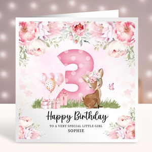 Carte d'anniversaire personnalisée petit cerf, tout âge, 3e carte d'anniversaire, fleurs roses, carte pour petite fille animal de la forêt 1er 2e 3e 4e 5e