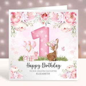 Personalisierte kleine Hirsch Geburtstagskarte, jedes Alter, erste Geburtstagskarte, rosa Blumen, Karte für kleine Mädchen Waldtier 1.2.3.4.5