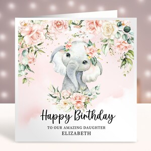 Personalisierte kleine Elefant-Geburtstagskarte, jedes Alter, Safari-Geburtstagskarte, rosa Blumen, Karte für kleines Mädchen, 1.2.3.4.5.6.7