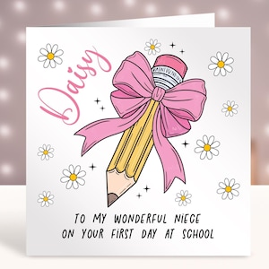 Tarjeta del primer día de clases para niñas, tarjeta de buena suerte personalizada para hija, nieta, hermana, sobrina, primer día de clases, guardería, Daisy