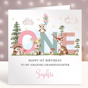 Carte d'anniversaire personnalisée souvenir, fille, petite-fille, soeur, carte de tout âge, 1ère carte pour nièce, animal de la forêt, lapin, renard, hibou