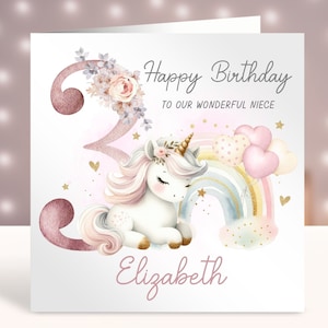 Cartão de aniversário de unicórnio personalizado, qualquer idade, 3º aniversário para meninas, unicórnio arco-íris, cartão para menina, 1º 2º 3º 4º 5º 6º 7º 8º