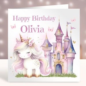 Cartão de aniversário de unicórnio personalizado, qualquer idade, cartão de unicórnio pastel, princesinha, cartão para menina, 1º 2º 3º 4º 5º 6º 7º 8º