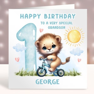 Recuerdo personalizado de la tarjeta de cumpleaños, hijo, nieto, hermano, tarjeta de cumpleaños de cualquier edad, 1a tarjeta para sobrino, tarjeta de felicitación, pequeño león lindo