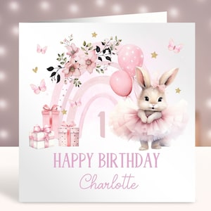 Carte d'anniversaire personnalisée petit lapin, tout âge, première carte d'anniversaire de ballerine, ballerine arc-en-ciel, carte pour petite fille 1er 2e 3e 4e 5e