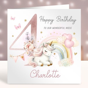 Personalisierte Einhorn Geburtstagskarte, jedes Alter, 4. Geburtstag für Mädchen, Regenbogen Einhorn, Karte für kleine Mädchen, 1.2.3.4.5.6.7.8
