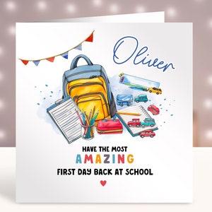 Tarjeta de primer día de regreso a la escuela, tarjeta de buena suerte personalizada para hijo, nieto, hermano, sobrino, feliz día de regreso a la escuela, guardería, primer día