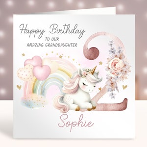 Biglietto di compleanno unicorno personalizzato, qualsiasi età, 2° compleanno per bambine, unicorno arcobaleno, biglietto per bambina, 1°, 2°, 3°, 4°, 5°, 6°, 7°, 8°