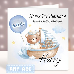 Carte d'anniversaire personnalisée, fils, petit-fils, frère, carte d'anniversaire pour tout âge, 1ère carte pour neveu, carte de voeux, ours sur un bateau