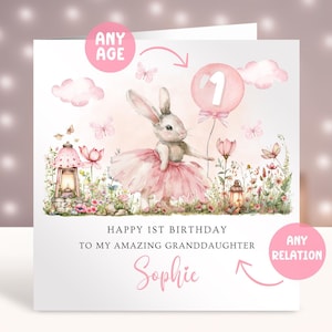 Carte d'anniversaire personnalisée petit lapin, tout âge, première carte d'anniversaire de ballerine, ballerine arc-en-ciel, carte pour petite fille 1er 2e 3e 4e 5e