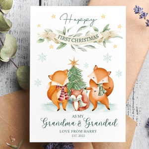 Biglietto di Natale personalizzato per il primo Natale dei nonni, buon primo Natale come nonna e nonno, biglietto di Natale Pops, papà, volpe, animali del bosco
