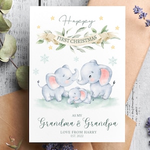 Cartão de Natal personalizado para os avós, primeiro feliz Natal como vovó e vovô, cartão de Natal pop, papai, animais de safari de elefante