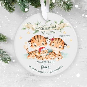 Personalised First Christmas as a Family, Holiday Decor, Christmas Ornament 2022, Family Keepsake Baby’s 1st Christmas, Ceramic Bauble Tiger