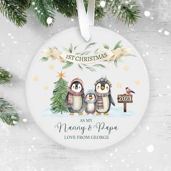 Personalised First Christmas as Grandparents, Gift for Nanny Grandma Grandad, Family Keepsake Baby’s 1st Christmas, Penguins, Animals