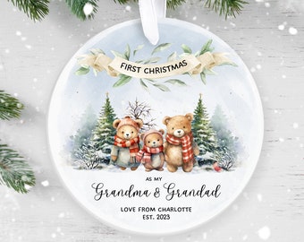 Personalised First Christmas as Grandparents, Gift for Nanny Grandma Grandad, Family Keepsake Baby’s 1st Christmas, Bear, Woodland Animals