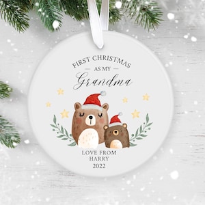 Personalised First Christmas as My Grandma, Gift for Nanny, Granny Grandpa, Family Keepsake Baby’s 1st Christmas, Bear, Woodland Animals