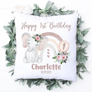 Personalised First Birthday Cushion, Personalised 1st Birthday Keepsake, Baby&#39;s Birthday, One Year Old Keepsake, Safari Animals, Elephant