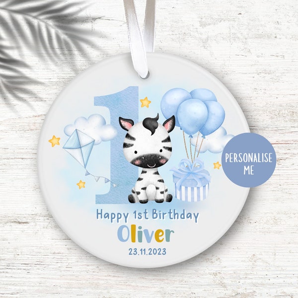 Personalised First Birthday Ornament, Personalised 1st Birthday Keepsake, Baby's Birthday, One Year Old, Ceramic Keepsake, Safari, Zebra