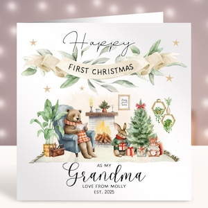 Primeiro cartão de Natal da avó, Cartão de primeiro Natal personalizado para a avó, Cartão do novo neto, Primeiro Natal do bebê, Animais da floresta