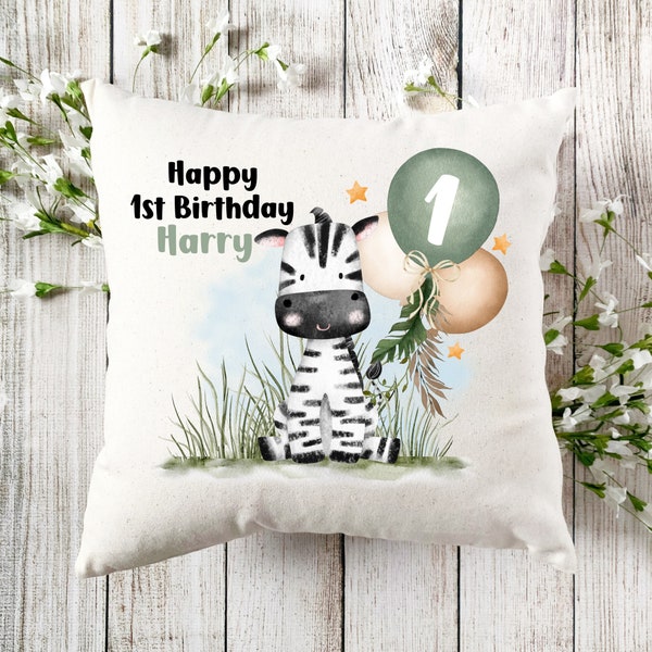 Cojín personalizado para el primer cumpleaños, Recuerdo personalizado para el 1er cumpleaños, Cumpleaños del bebé, Recuerdo de un año, Animales de safari, Cebra