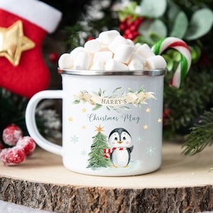 Personalised Kids Christmas Hot Chocolate Mug, Gift Idea Enamel Mug, Personalised Cute Enamel Camping Mug, Penguin, Girl, Boy