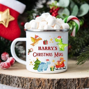 Personalised Kids Christmas Hot Chocolate Mug, Gift Idea Enamel Mug, Personalised Dinosaur Enamel Camping Mug, Dino, Dinosaurus, Son, Boys