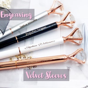 Rose Gold Diamond Pens wedding bridal bridesmaid gift birthday Crystal Personalize Custom pens Marketing pens Engraved. OPTION Velvet Sleeve