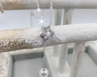 Beautiful Sterling Silver Star and  Pearl Pendant Necklace Jewelry Bridal Bridesmaid  Valentines Girlfriend Birthday Anniversary BFF Gift