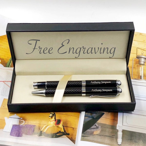 Double Carbon Fiber Pen Set, Black Pens & Gift Box with FREE Engraving, for birthday, graduation, wedding, boyfriend, Father's Day