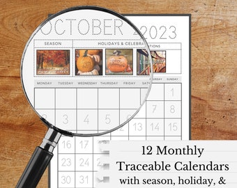 Traceable Monthly Calendar, Elementary, Handwriting Practice, Preschool, Homeschool Printable, Morning Time Menu, Back to School, 2023-2024