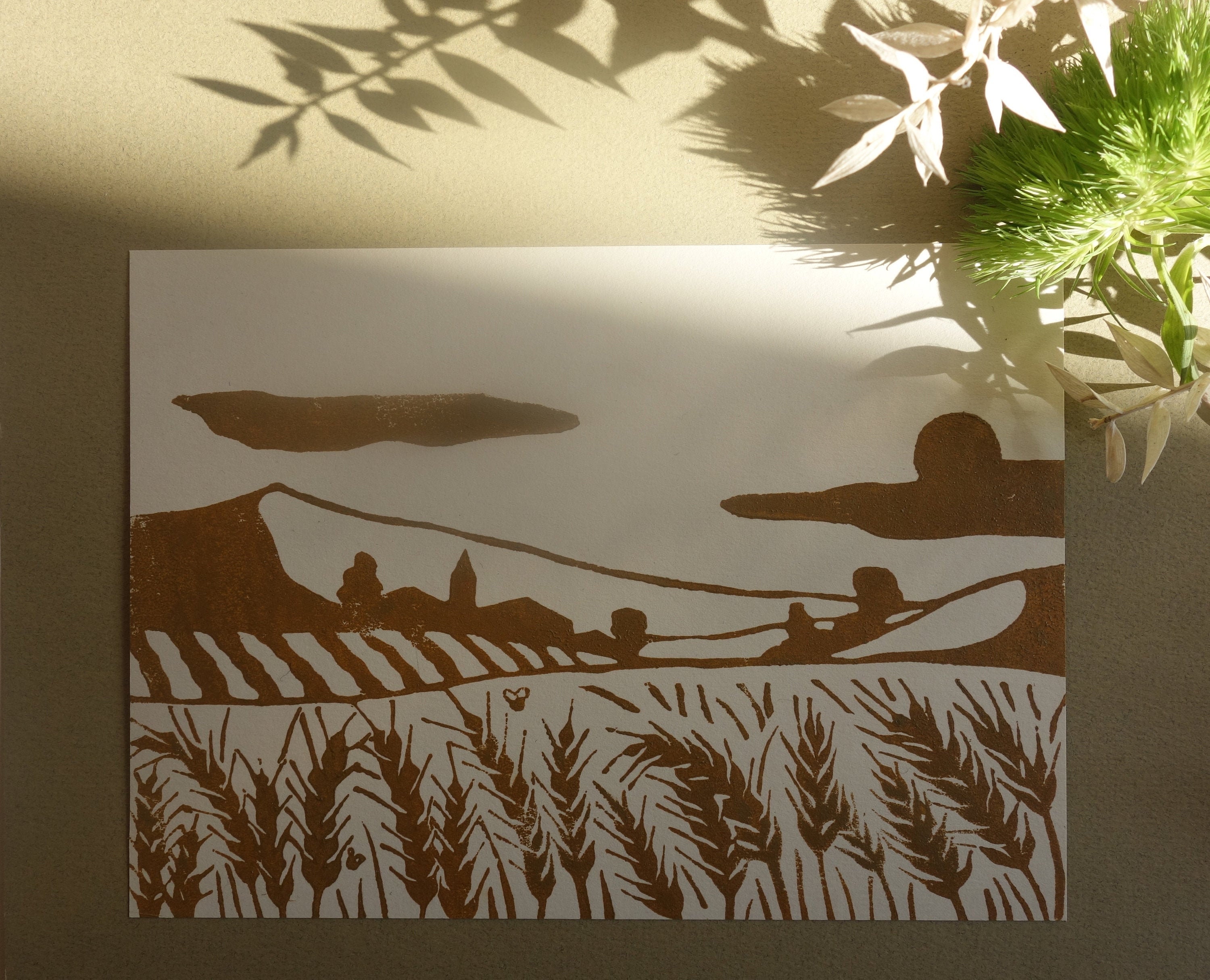 Logravure landscape Wheat field Linocut Etsy