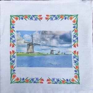 Cushion Windmills of Kinderdijk with tulip border_ Windmills of Kinderdijk with border of tulips