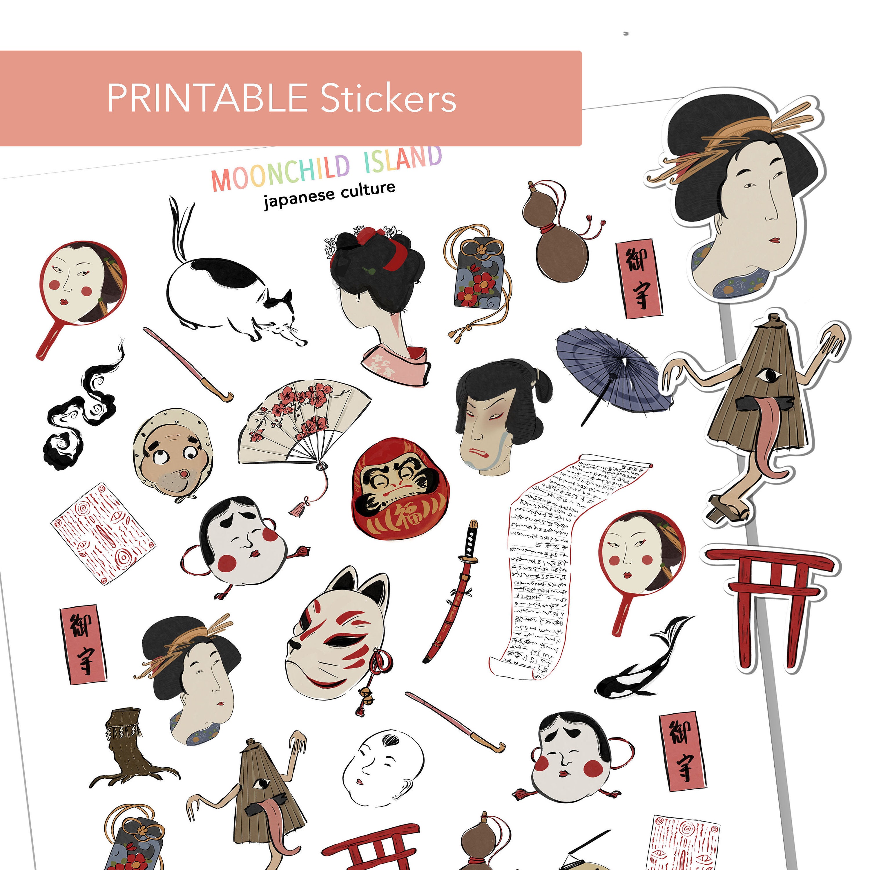 Japanese themed Printable Planner Stickers Die Cuts Bullet | Etsy