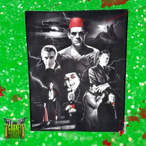 May include: Black and white collage of horror movie characters, including Dracula, Frankenstein's Monster, and the Mummy. The characters are arranged in a dramatic composition with lightning bolts and a castle in the background.