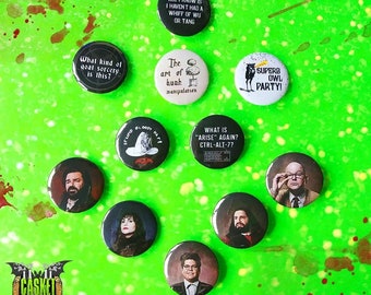 May include: Nine round button badges with various designs and text. The badges feature characters from the Netflix show "The Umbrella Academy". The text on the badges includes "What kind of goal sorcery is this?", "The art of huah manipulation", "Superb Owl Party!", "Stupid Bloody Hat", "What is "Arise" again? Ctrl-Alt-77", "All I know is I haven't had a whiff of Wu or Tang".