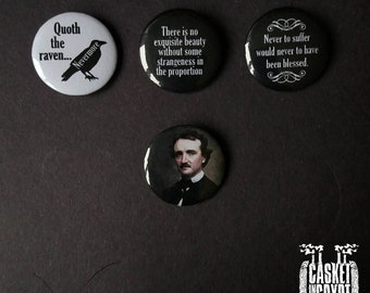 Citation d'Edgar Allan Poe et lot de badges horreur de la littérature gothique